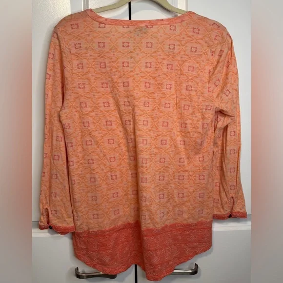 Lucky Brand Orange Boho Print Split Neck Long Sleeve Top Medium - Picture 2 of 5
